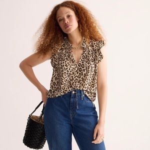 J.CREW Leopard Print Ruffle Tie Neck Silk Top Sz S